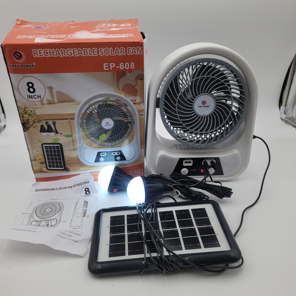 Easy Power EP-608 Rechargeable Solar Fan 8 Inch Portable with 2 LED Light Bulbs